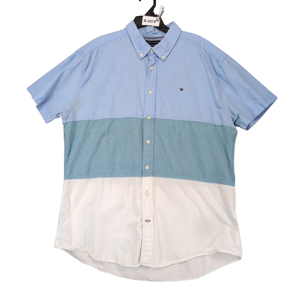 Tommy Hilfiger Blue Colorblock Oxford Shirt Mens 2XL Custom Fit Preppy Coastal